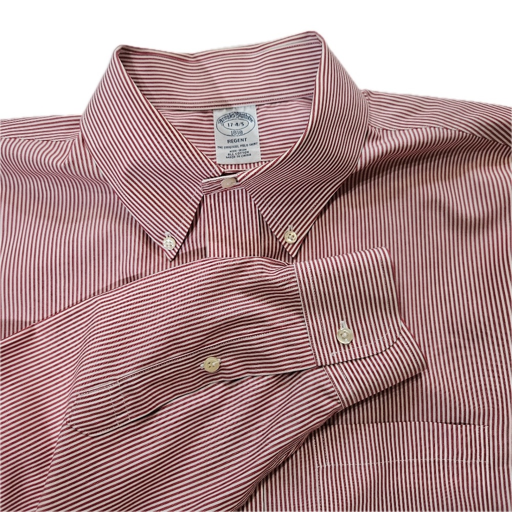 Brooks Brothers Shirt Mens 17 4/5 Red‎ Striped Button-Down Collar 100% Cotton
